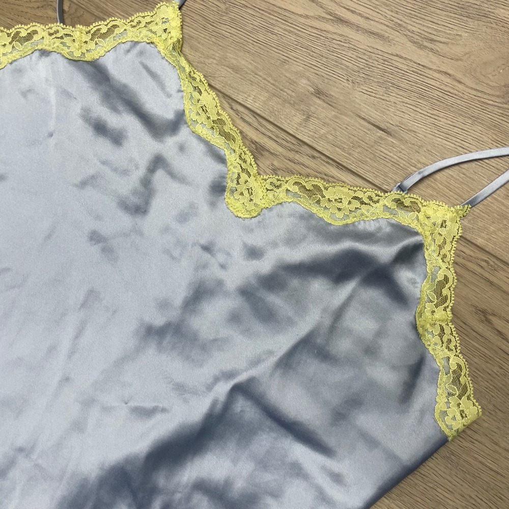 Victoria's Secret Slip Dress Women M Blue Yellow Lace Trim Satin Mini READ
